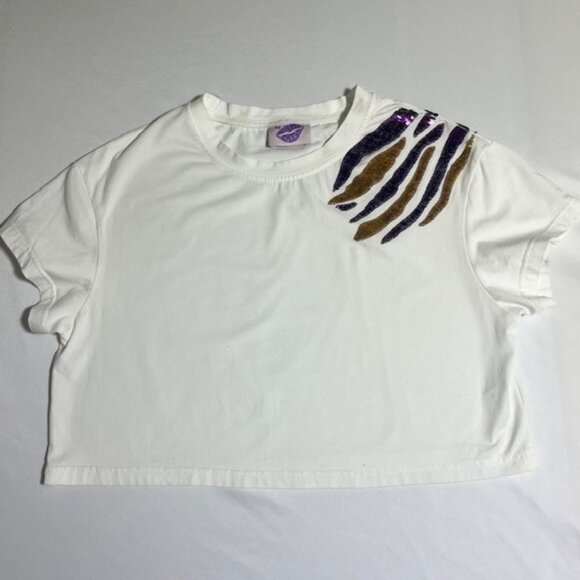 LSU Gameday Purple and Gold Sequined Tiger Scratch Cropped T-Shirt. Womens XS. - Picture 1 of 5